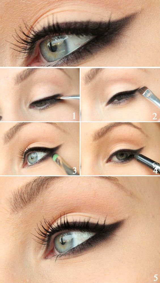 The technique for an evening cat eye makeup does not differ much from a daytime cat eye makeup but it can definitely benefit from the following tips (for applying liquid eye liner)