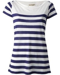 Бело-темно-синяя футболка с круглым вырезом в горизонтальную полоску