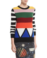 Разноцветный свитер с круглым вырезом в горизонтальную полоску