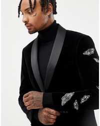 Черный бархатный пиджак с вышивкой