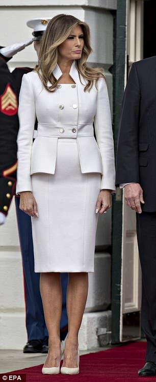 Melania wore a sharp white suit by Karl Lagerfeld Couture to greet Israel Prime Minister Benjamin Netanyahu at the White House in February 2017