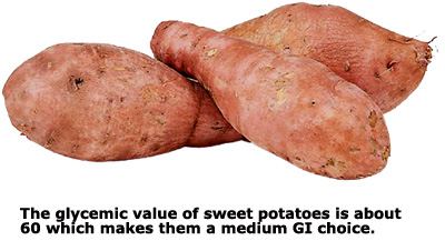 The root, sweet potatoes, are a better GI choice than white potatoes. Picture of three sweet potatoes.
