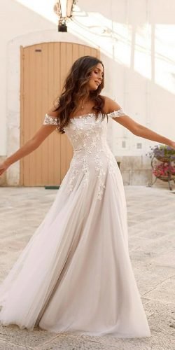 best wedding dresses a line off the shoulder floral lace madi lane